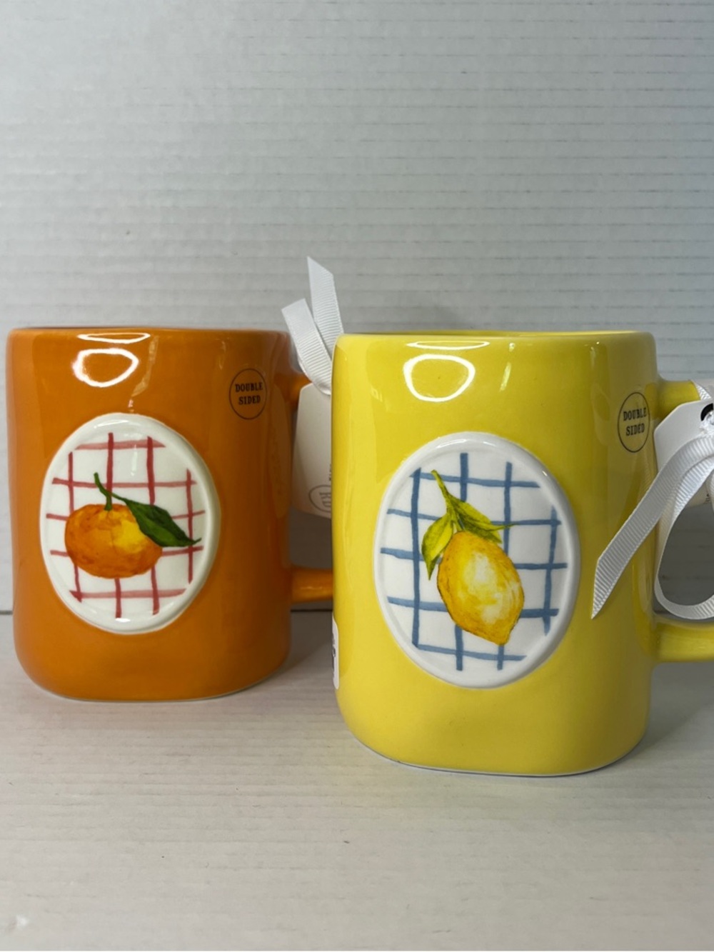 Rae Dunn Orange Lemon Checker Sweet Summer Sunshine Ceramic Mug Set New
